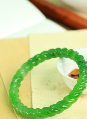 天然新疆和田玉俄罗斯老坑碧玉62.4圈口手镯大气典雅男女手饰收藏