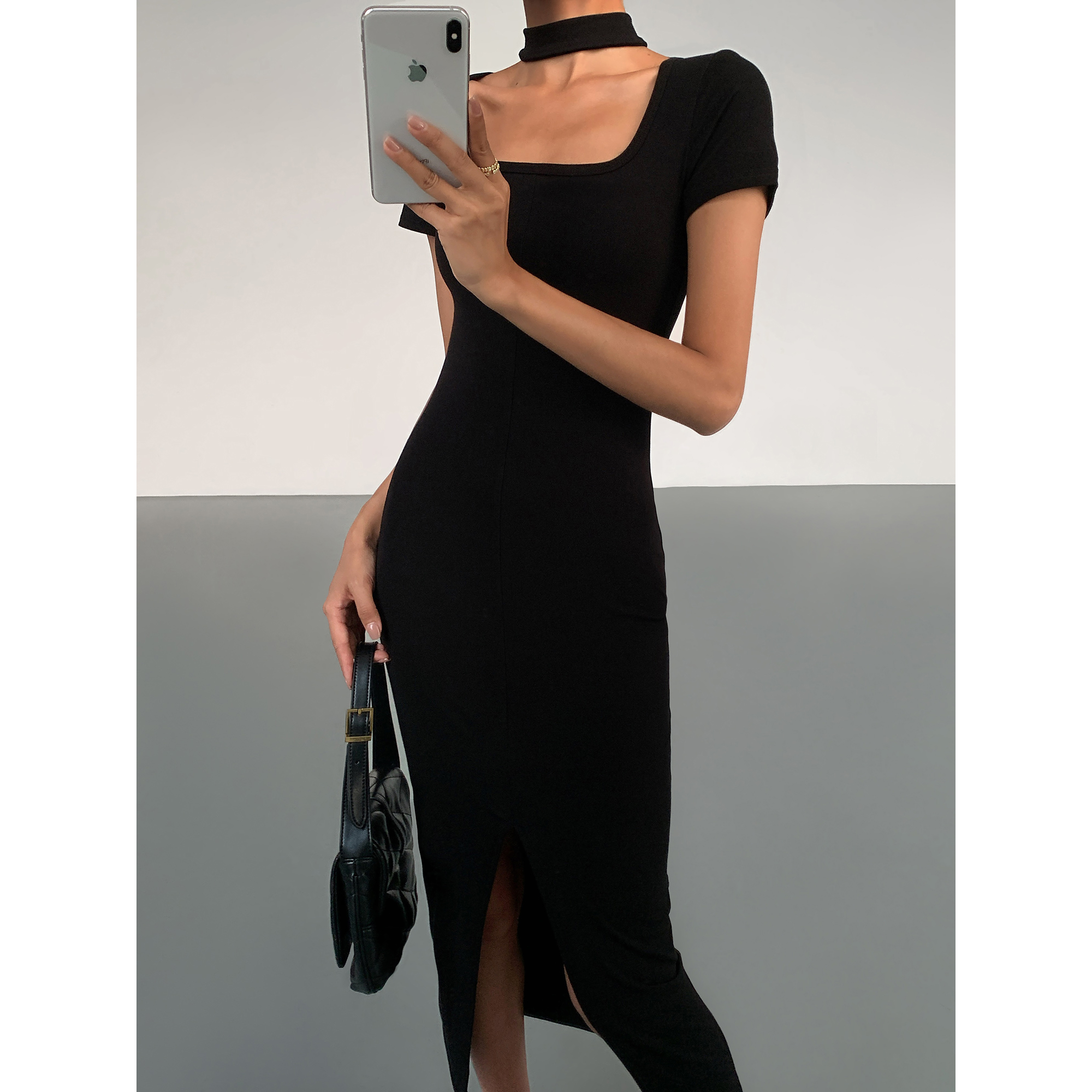 ousph性感法式开叉夏新长款女装小黑色修身连衣裙子短袖气质方领