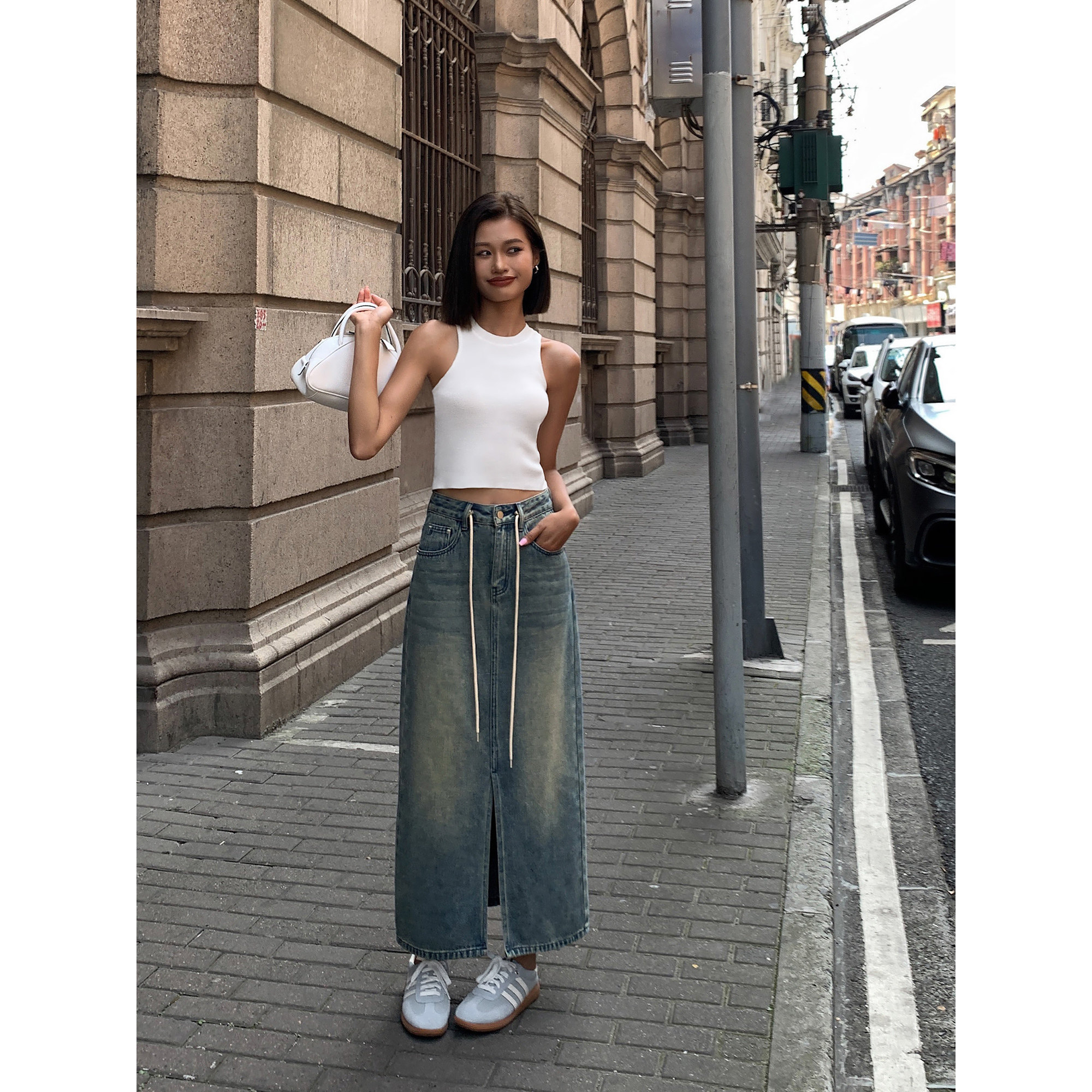 ousph【现货5折】复古港式高腰牛仔半身裙女开叉口袋中长A字裙子,淘宝优惠券,粉丝福利购,淘宝优惠卷