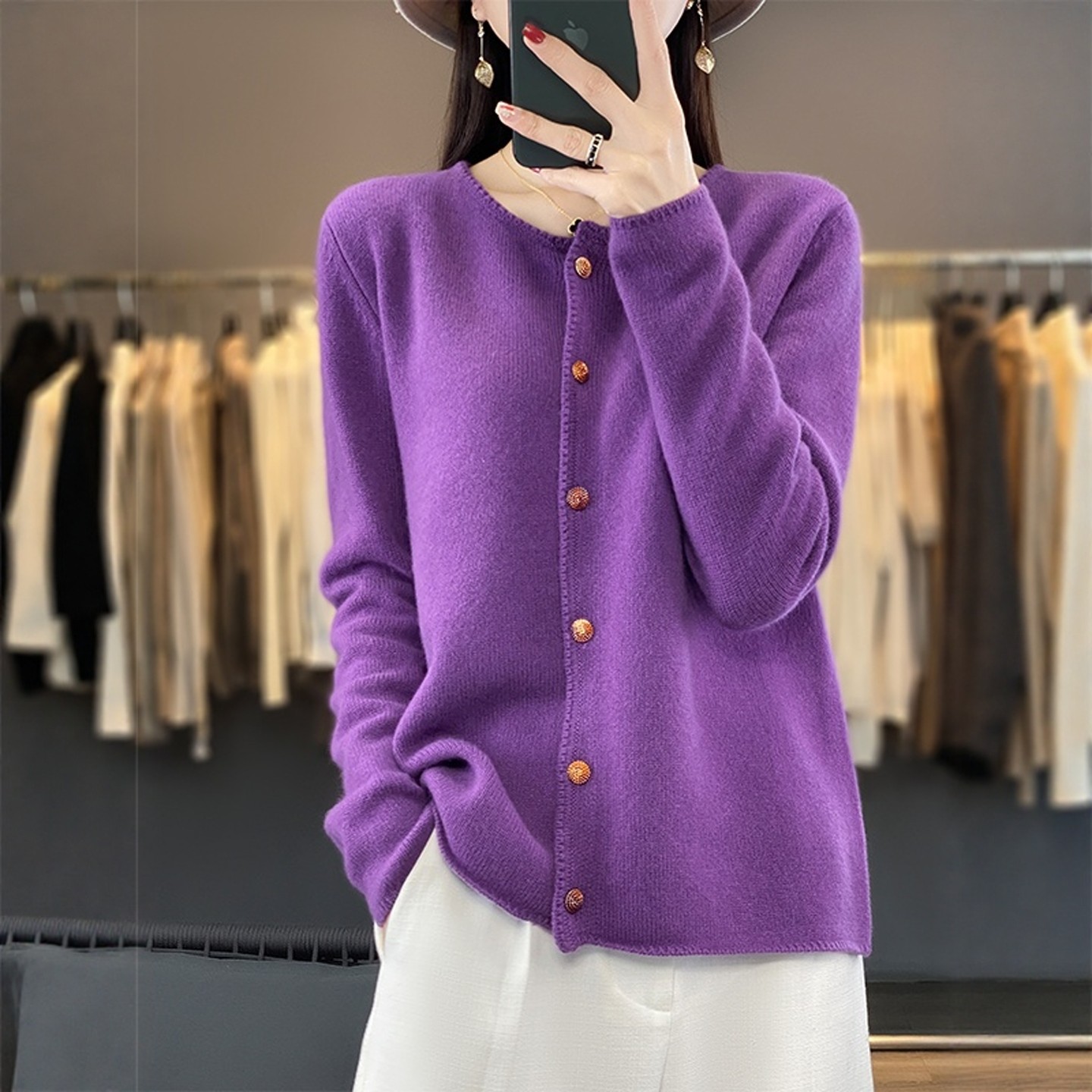 时尚朗姿秋冬新款红色百搭纯羊绒针织开衫女圆领宽松长袖毛衣外套,淘宝优惠券,粉丝福利购,淘宝优惠卷