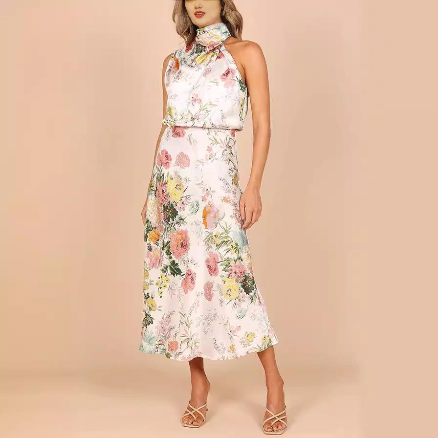 Sleeveless halter neck satin dress for women - 图0
