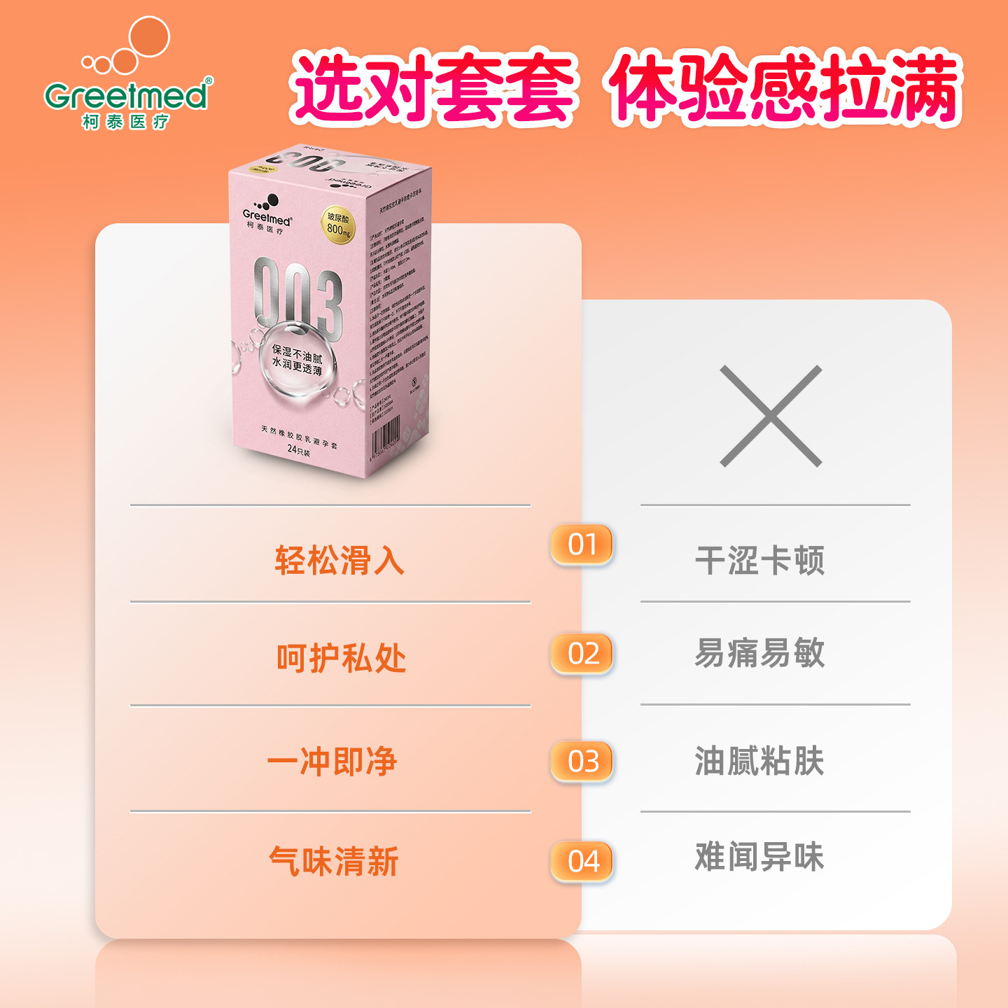 柯泰003零感薄玻尿酸天然乳胶避孕套24只装安全套正品官方旗舰ZZ