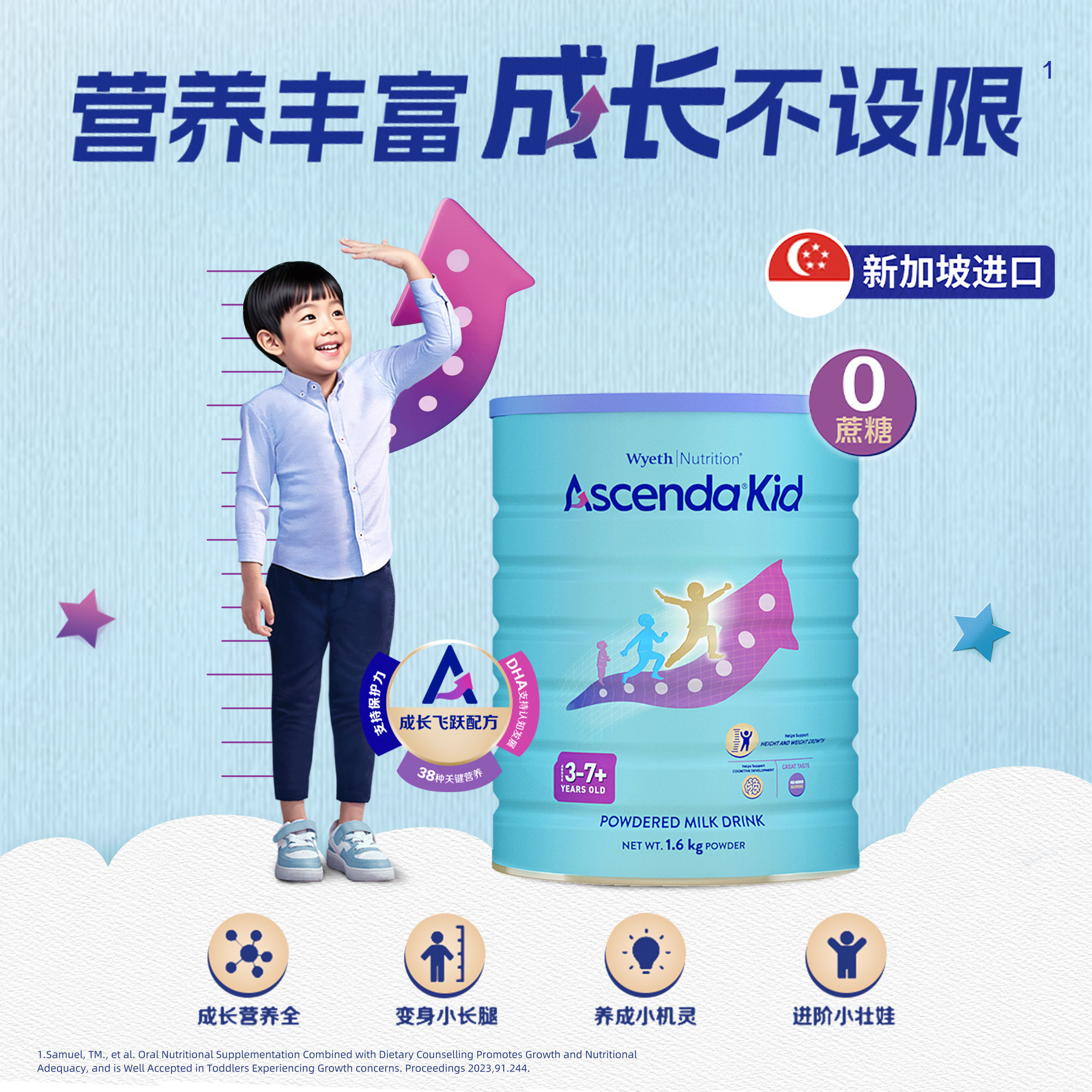 惠氏Ascenda新加坡儿童成长奶粉1-7岁原装进口0蔗糖益生元1600g