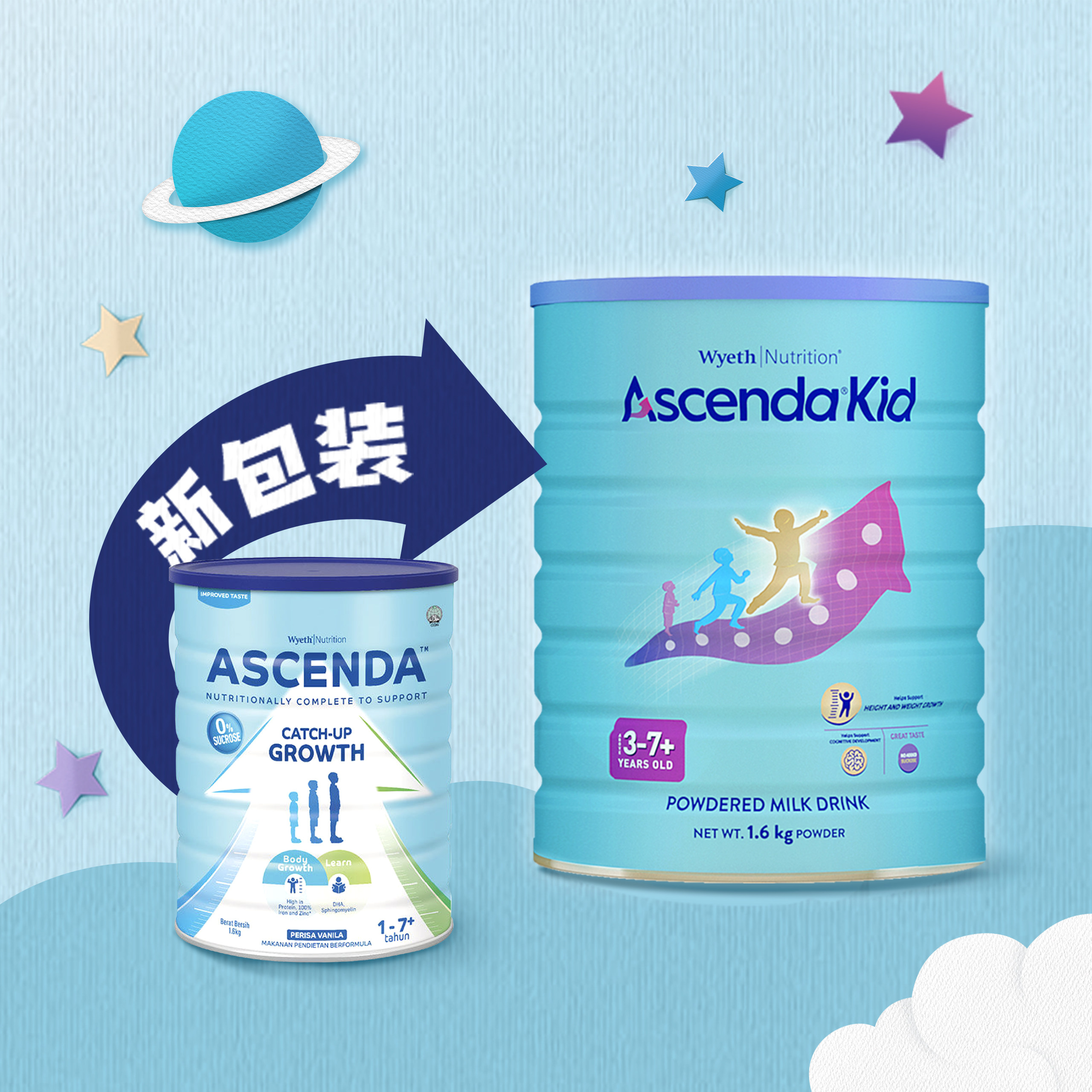 惠氏Ascenda新加坡儿童成长奶粉1-7岁原装进口0蔗糖益生元1600g