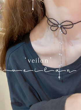 个性黑水晶项链手工蝴蝶结锁骨链
