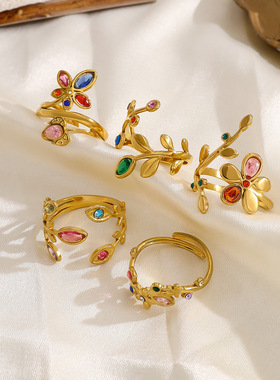 春夏跨境新款彩虹锆石树叶戒指女18K金钛钢开口指环法式手饰