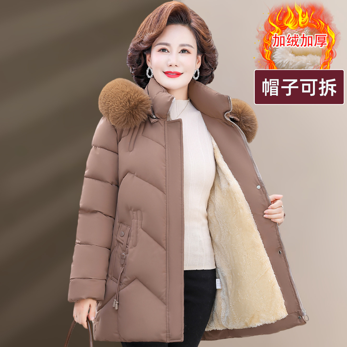 妈妈冬装外套中老年女士中长款棉衣洋气羽绒棉服奶奶棉袄加绒加厚,淘宝优惠券,粉丝福利购,淘宝优惠卷