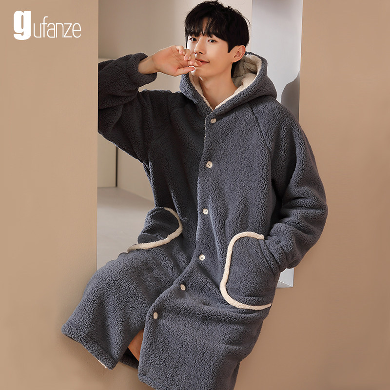 秋冬季珊瑚绒睡袍男士连帽加绒加厚中长款法兰绒大码长袍睡衣浴袍,淘宝优惠券,粉丝福利购,淘宝优惠卷