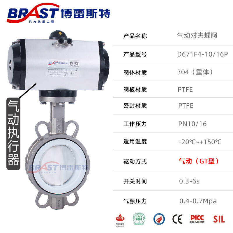 K重体气动不锈钢全衬四氟蝶阀D671F4-10/16P 304体PTFE板四氟阀座 - 图0