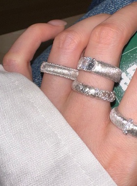 美汝仙 纯银哑光磨砂镶指女简约港风个性轻奢电白金开口指环轻奢