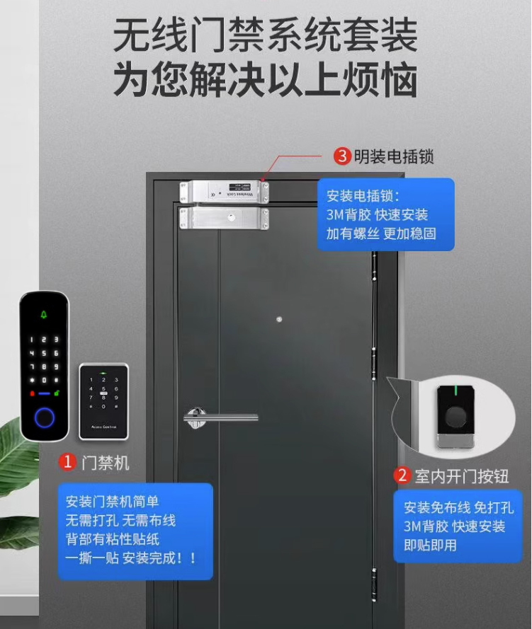 有框门无线明装电插锁套装指纹密码刷卡电子门禁锁免布线智能锁,淘宝优惠券,粉丝福利购,淘宝优惠卷