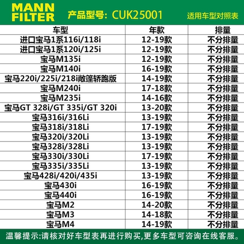曼牌空调滤芯CUK25001适用宝马进口118i 120i 125i M2 M3 M4 420i - 图1