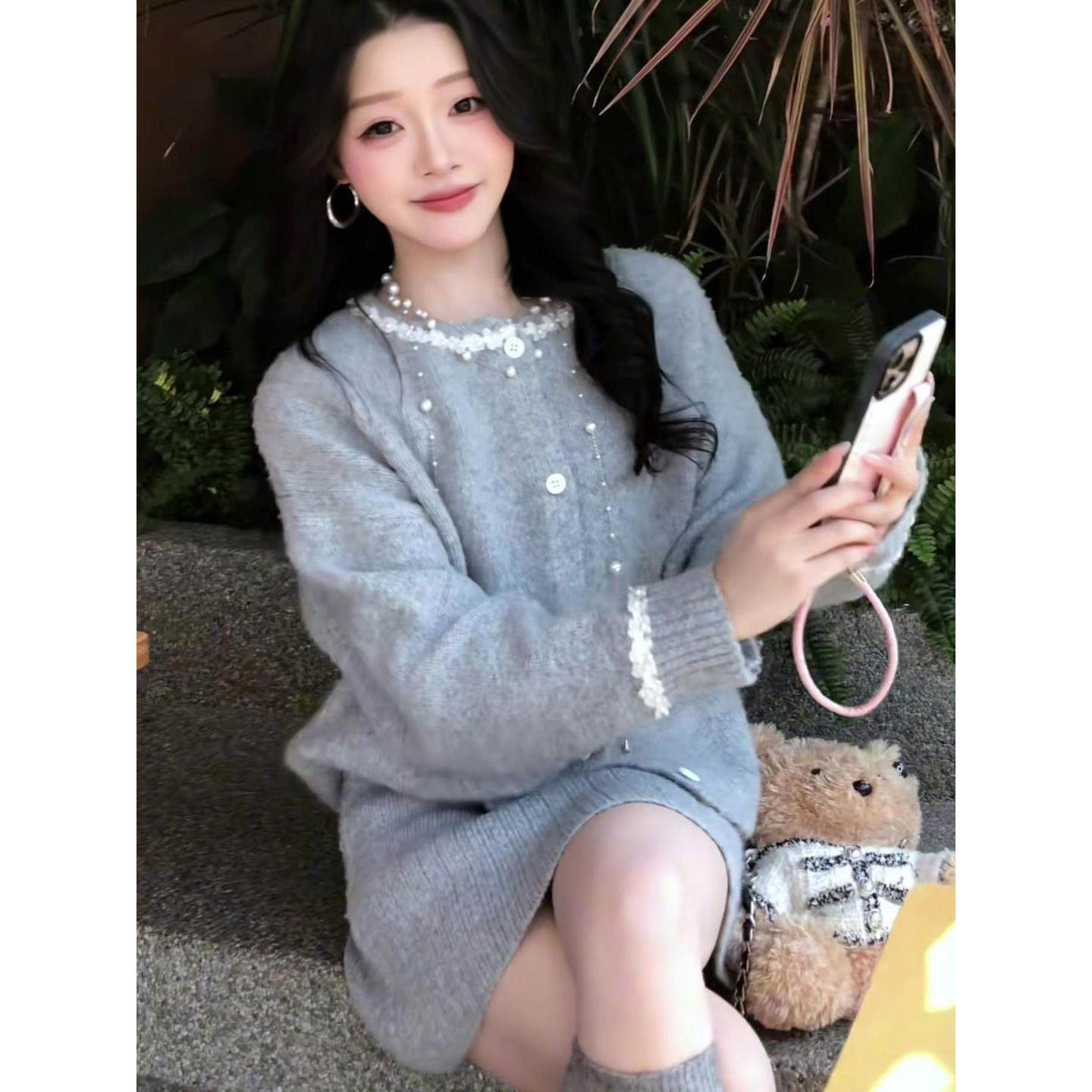 私有浪漫 小香风钉珠圆领针织开衫套装女春秋时尚减龄短裙两件套,淘宝优惠券,粉丝福利购,淘宝优惠卷