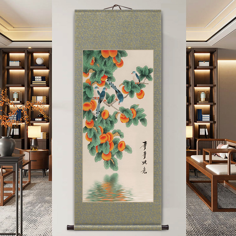 事事如意柿子画新中式客厅玄关装饰画卷轴挂画餐厅茶室壁画花鸟图,淘宝优惠券,粉丝福利购,淘宝优惠卷
