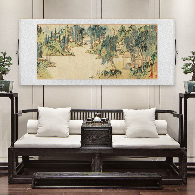 名家上睿携琴访友图新中式卷轴挂画传世名画文徽明浒溪草堂图壁画