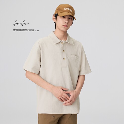 FAFC夏季轻薄透气格子纹泡泡纱短袖POLO衫男款纯色宽松翻领T恤潮 - 图3