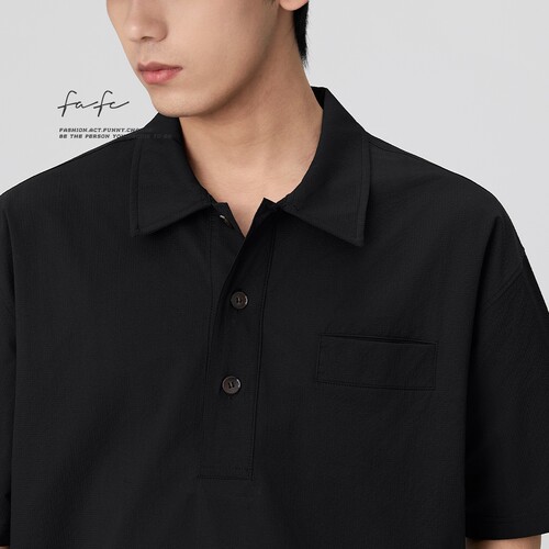 FAFC夏季轻薄透气格子纹泡泡纱短袖POLO衫男款纯色宽松翻领T恤潮 - 图1