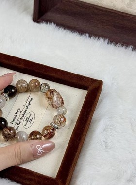 天然水晶高端黑金超黄发晶手串魔鬼银发茶晶礼物天然手串设计爆款