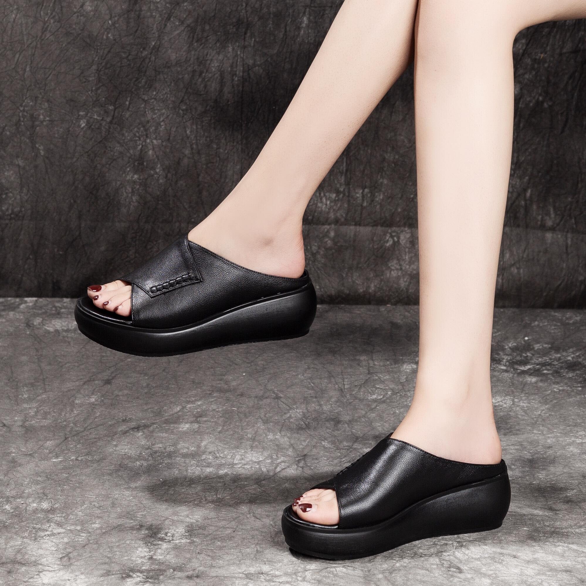 真皮厚底外穿拖鞋女2023年新款夏季松糕底软皮坡跟舒适百搭半拖鞋