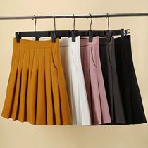 Pleated Skirt with Pockets Womens Autumn Yellow Preppy Styl