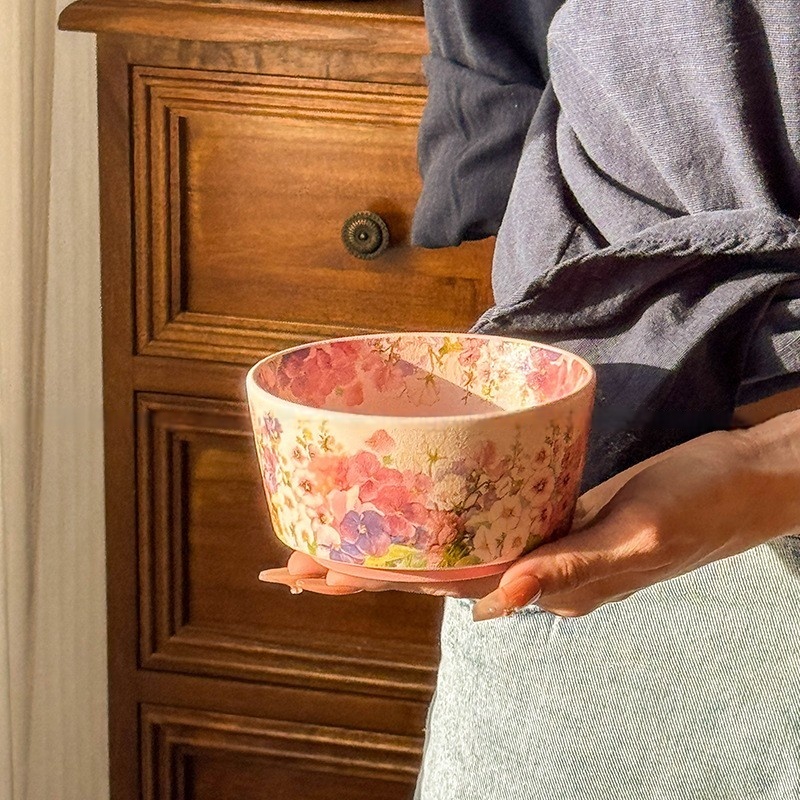 繁花似锦陶瓷高脚饭碗家用汤碗水果沙拉碗高颜值个人专用碗泡面碗 - 图2