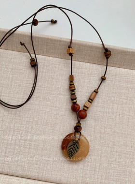 新中式平安扣串珠项链女复古小众民族风毛衣链秋冬长款百搭配饰