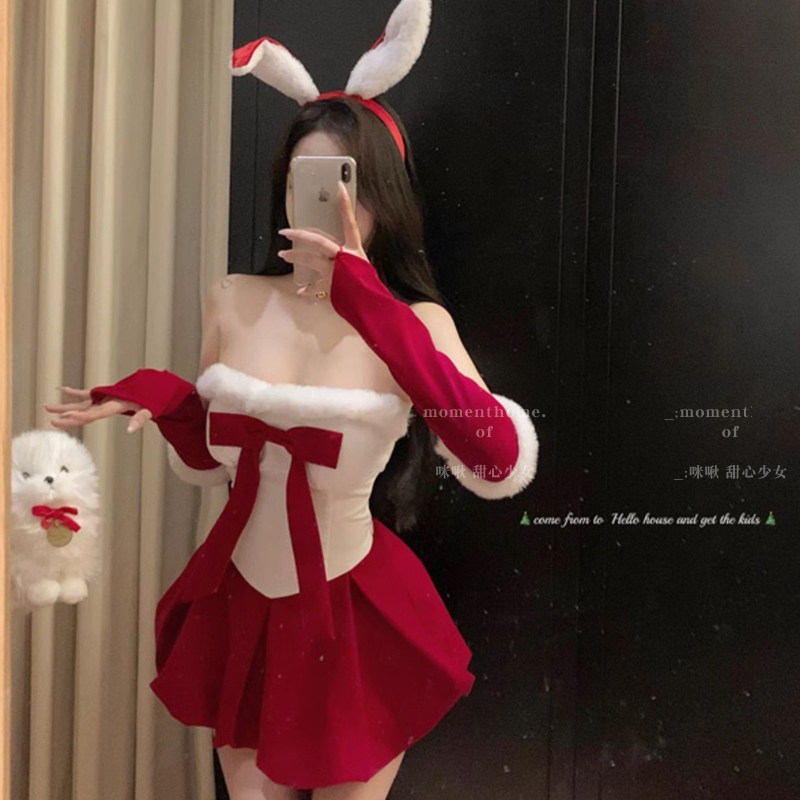圣诞节兔女郎cos服装氛围感穿搭纯欲风甜美丝绒抹胸红色连衣裙女,淘宝优惠券,粉丝福利购,淘宝优惠卷