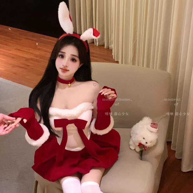 圣诞节兔女郎cos服装氛围感穿搭纯欲风甜美丝绒抹胸红色连衣裙女,淘宝优惠券,粉丝福利购,淘宝优惠卷