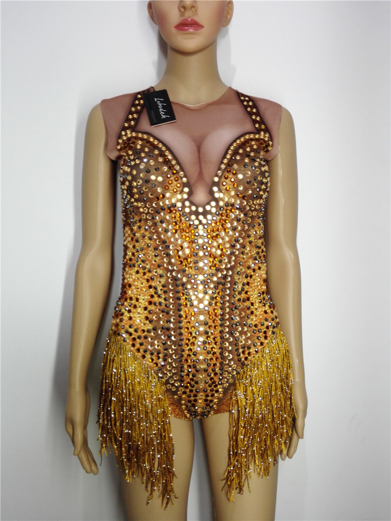 Sexy Gold Tassels Crystals Sleeveless Bodysuit Rhinestones C-图0