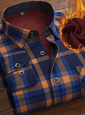 Autumn Winter Thicken Fleece Shirt Men Business Plaid Shirt