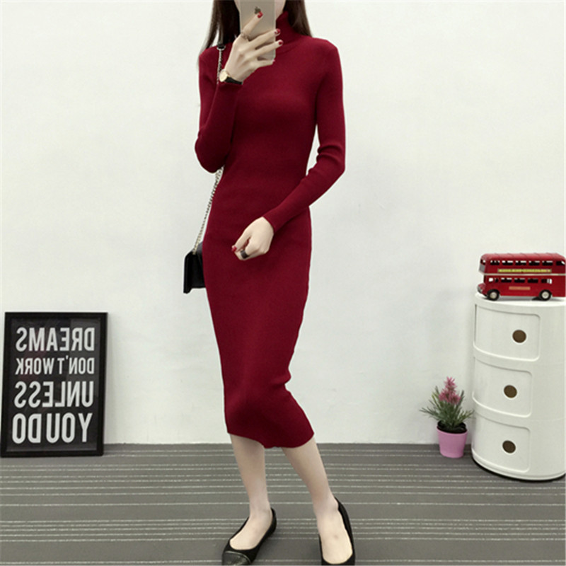 New Autumn Winter Women Knitted Dress Turtleneck Sweater Dre-图3