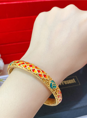 越南沙金新款镯子手工手镯烧蓝景泰蓝花丝女空心珐琅彩镀金古法