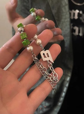 NG字母绿色方块潮流时尚钛钢项链