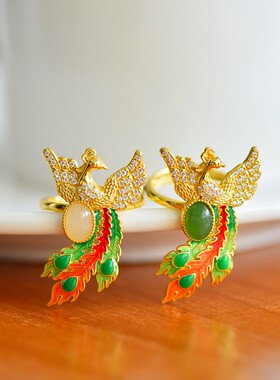 S925银镀18K金镶嵌天然新疆和田玉凤凰戒指高档时尚指环玉石饰品