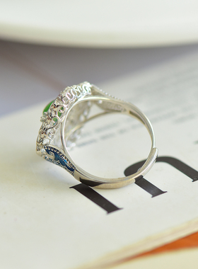 S925银镀18K金镶嵌天然新疆和田玉碧玉小方糖戒指高档时尚指环