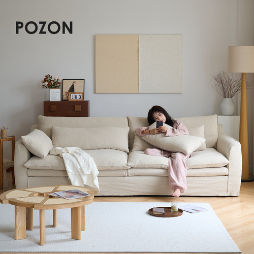 POZON朴琢/天然亚麻风信子沙发侘寂风布艺棉麻怀抱可拆洗奶油复古 - 图3