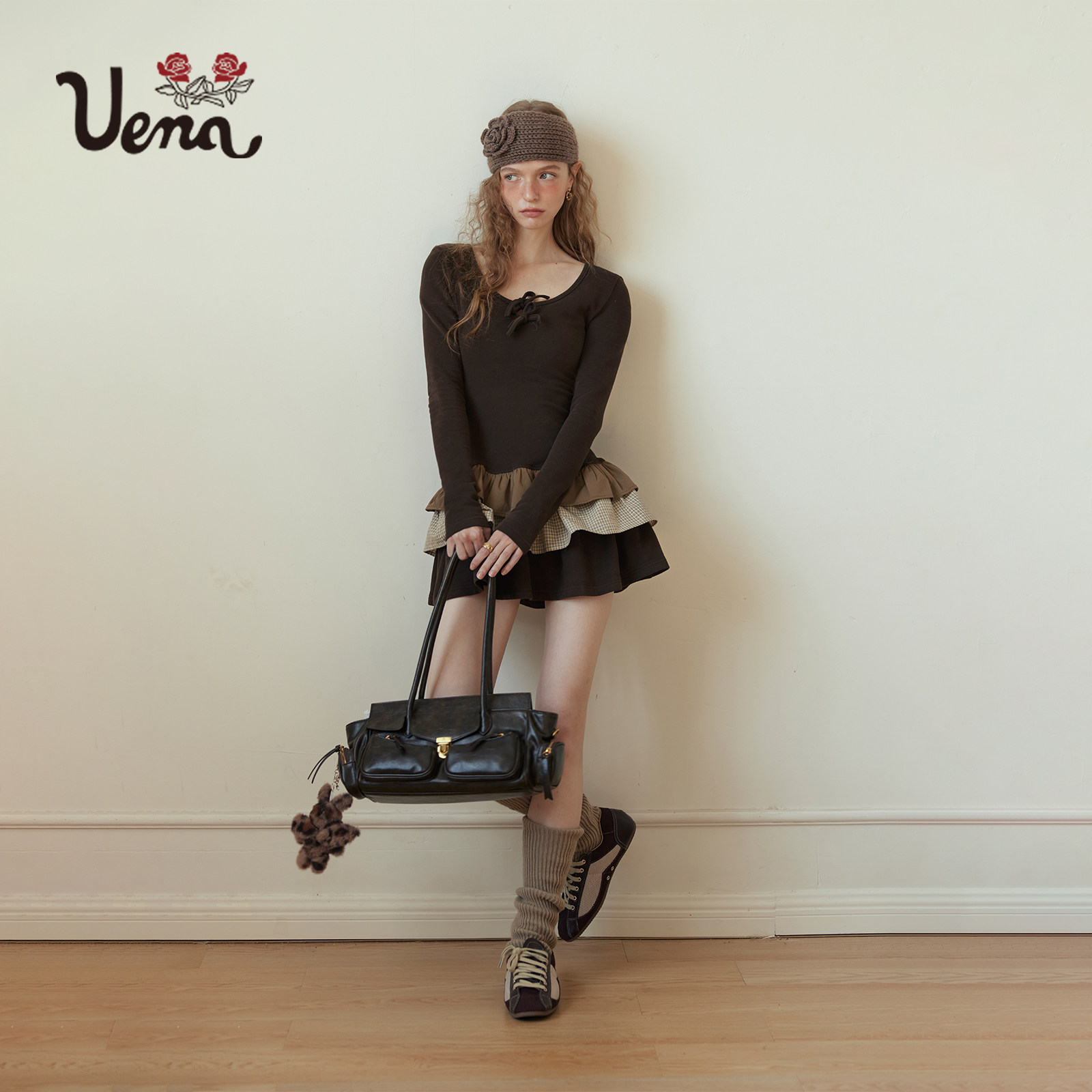 【精灵的祈愿】Uena棕色多层蛋糕裙摆圆领长袖修身连衣裙附打底裤,淘宝优惠券,粉丝福利购,淘宝优惠卷