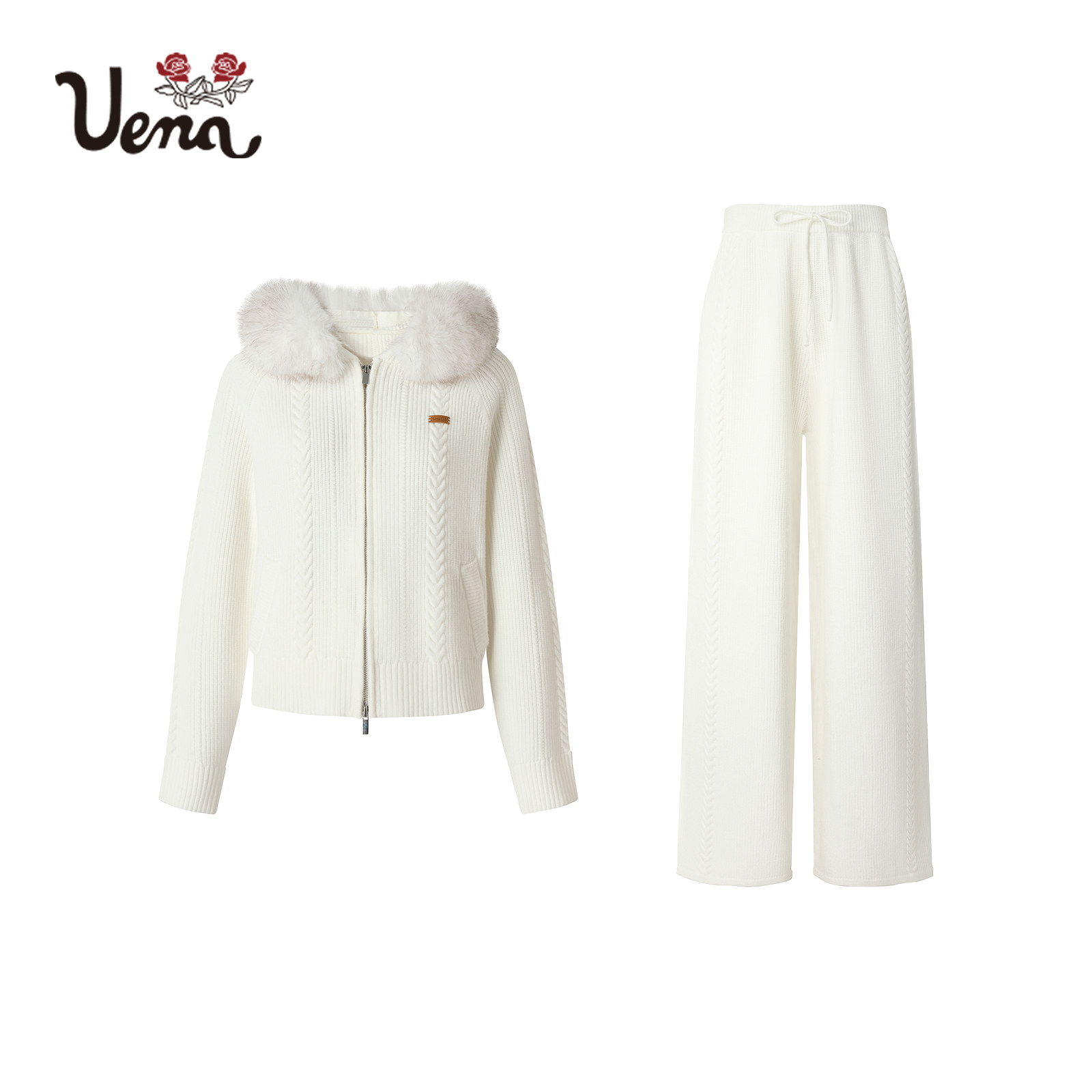 【薄云冷山】Uena白色可拆卸毛领连帽毛针织开衫直筒休闲裤套装女,淘宝优惠券,粉丝福利购,淘宝优惠卷