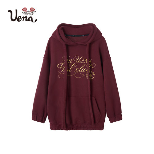 【波尔多日记】Uena美式复古酒红色撞色字母刺绣休闲宽松连帽卫衣 - 图3