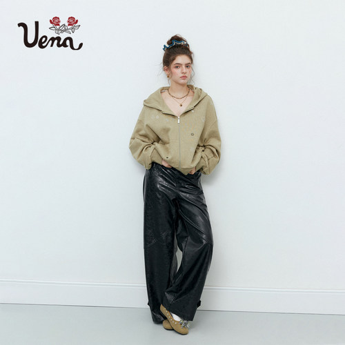 【旧日回响】Uena美式复古中腰显瘦宽松PU皮裤机车风直筒休闲裤女 - 图0