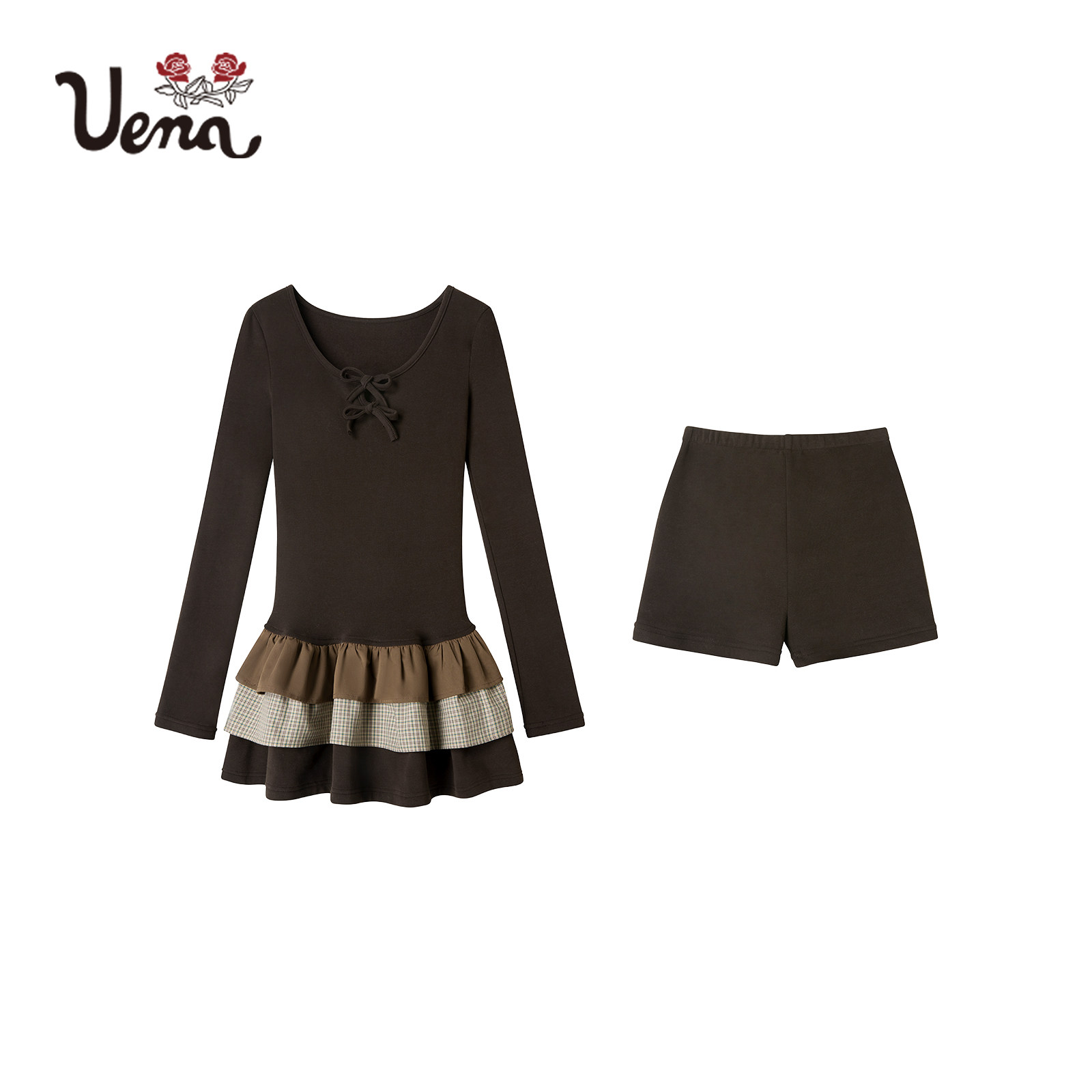 【精灵的祈愿】Uena棕色多层蛋糕裙摆圆领长袖修身连衣裙附打底裤,淘宝优惠券,粉丝福利购,淘宝优惠卷