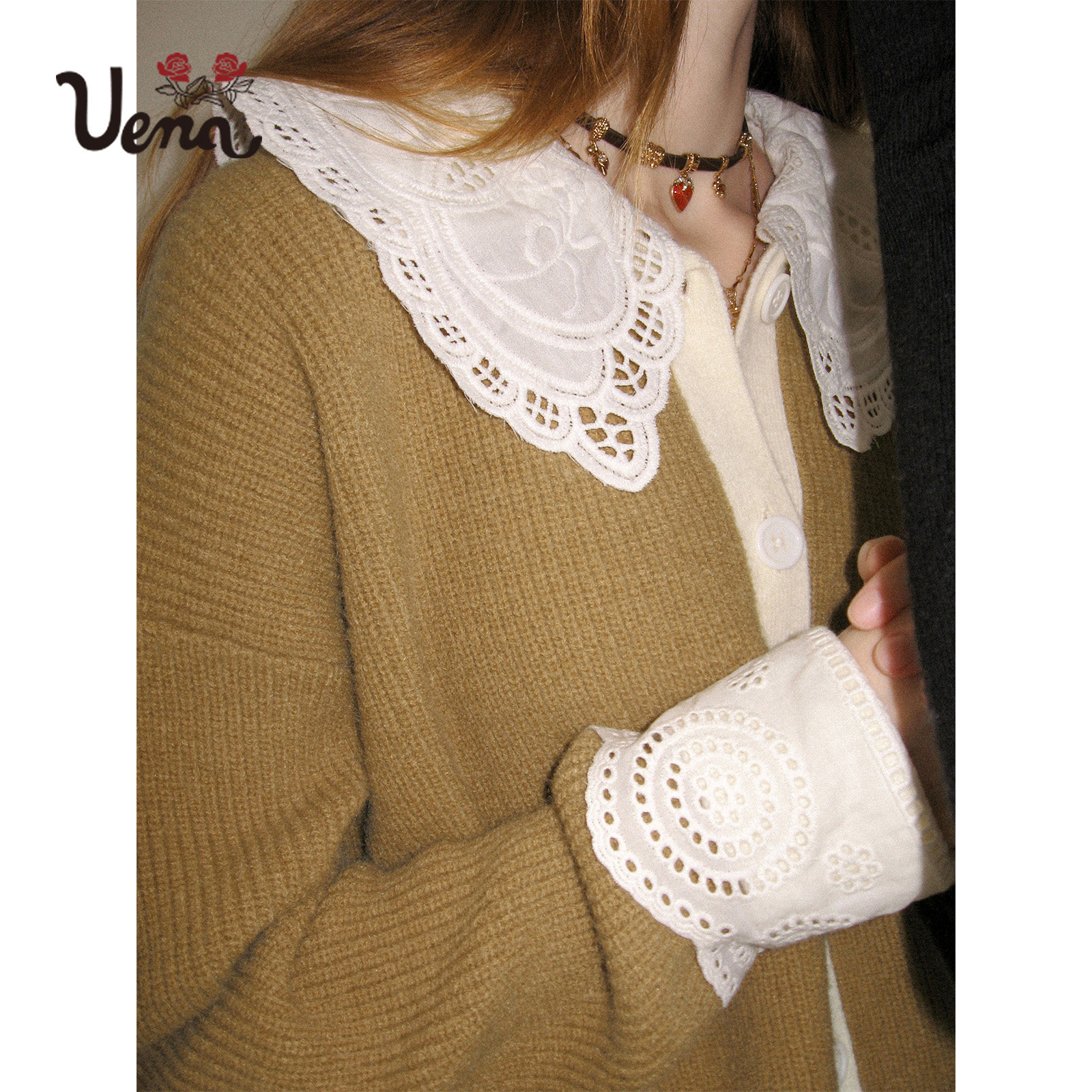 【沉香旷野】Uena美式复古蕾丝花边娃娃领卡其色宽松毛针织开衫女,淘宝优惠券,粉丝福利购,淘宝优惠卷