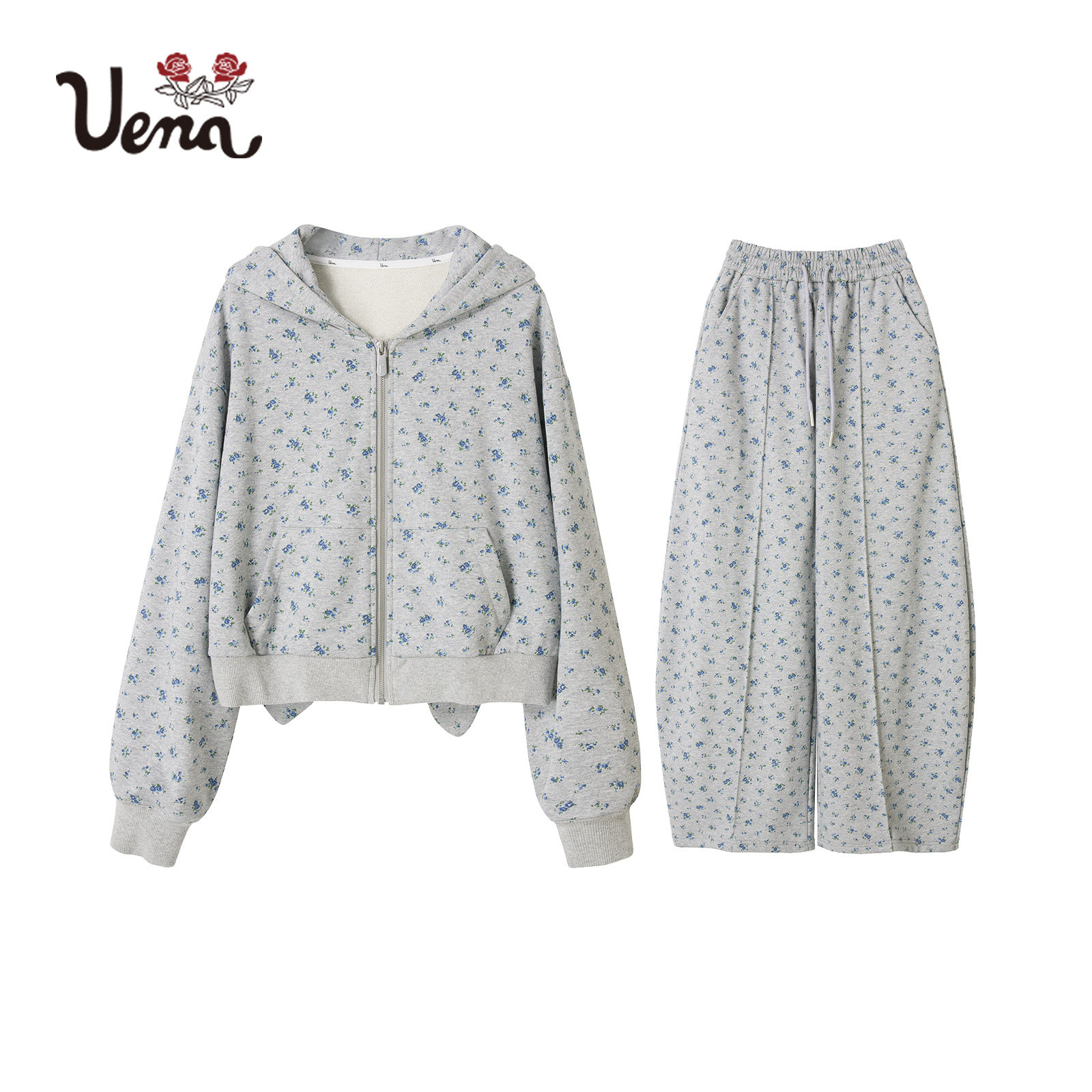 【玉兔花事】Uena明星同款灰色碎花耳朵连帽开衫卫衣香蕉裤套装女,淘宝优惠券,粉丝福利购,淘宝优惠卷