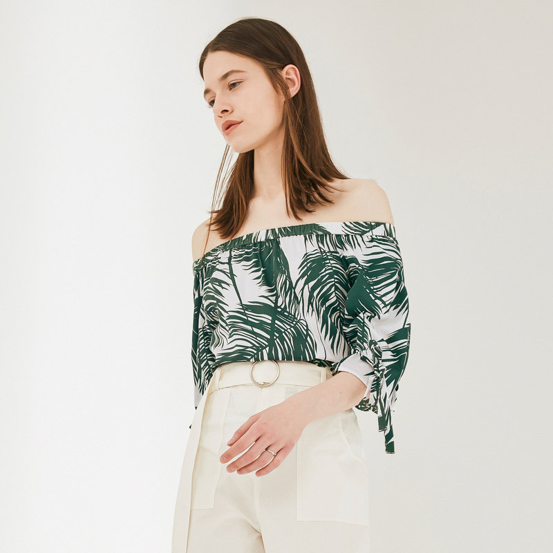 艾格2023春季新款抽绳一字肩雪纺衫 艾格旗舰蕾丝衫/雪纺衫