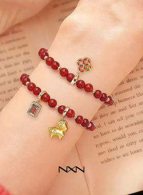 新年马年红色红玛瑙手链女款2025新款实用diy配件礼物红绳手串