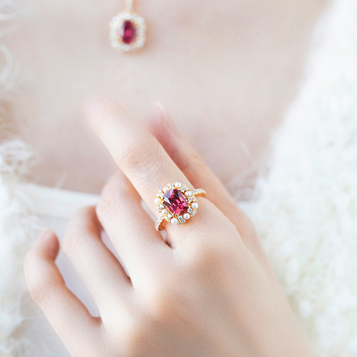 JCJ时装珠宝HighJewelPlay925银间隔珍珠橙红合成蓝宝石戒指项链,淘宝优惠券,粉丝福利购,淘宝优惠卷