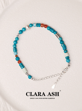 蓝松石S925银手链|复古撞色