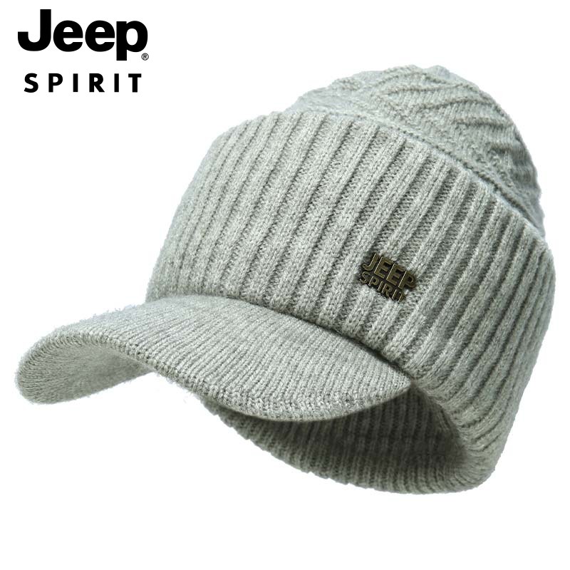 JEEP老人帽子男冬天保暖针织毛线帽中老年爸爸冬季加绒护耳鸭舌帽