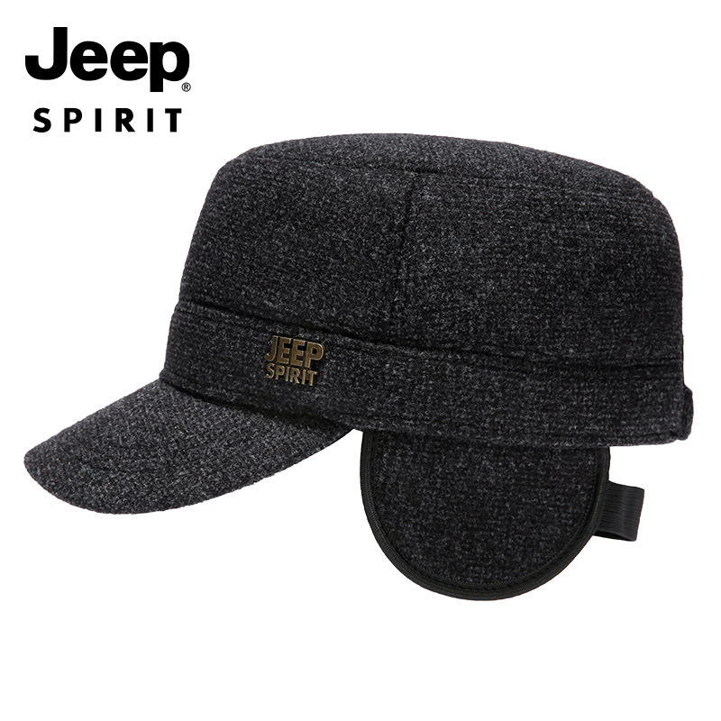 JEEP中老年人帽子男士冬季平顶帽加绒加厚老头鸭舌帽保暖护耳冬帽