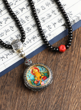 真朱砂材质后盖可旋转纯手绘手工黄财神唐卡吊坠西藏藏族真品饰品